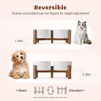 SPUNKYJUNKY Ceramic Elevated Dog Bowl Set with Acacia Wood Stand for Food and Water for Cats and Small Dogs (13.52 OZ, White, Dog Paw Pattern)