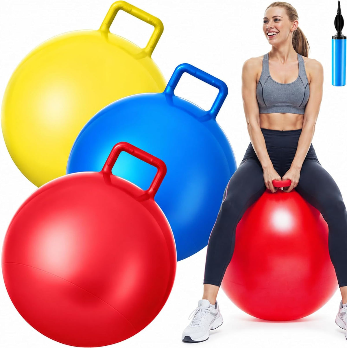 Lewtemi 3 Pcs 29" Hopper Ball Handle, Gradient Red - 31" / Red, Blue, Yellow