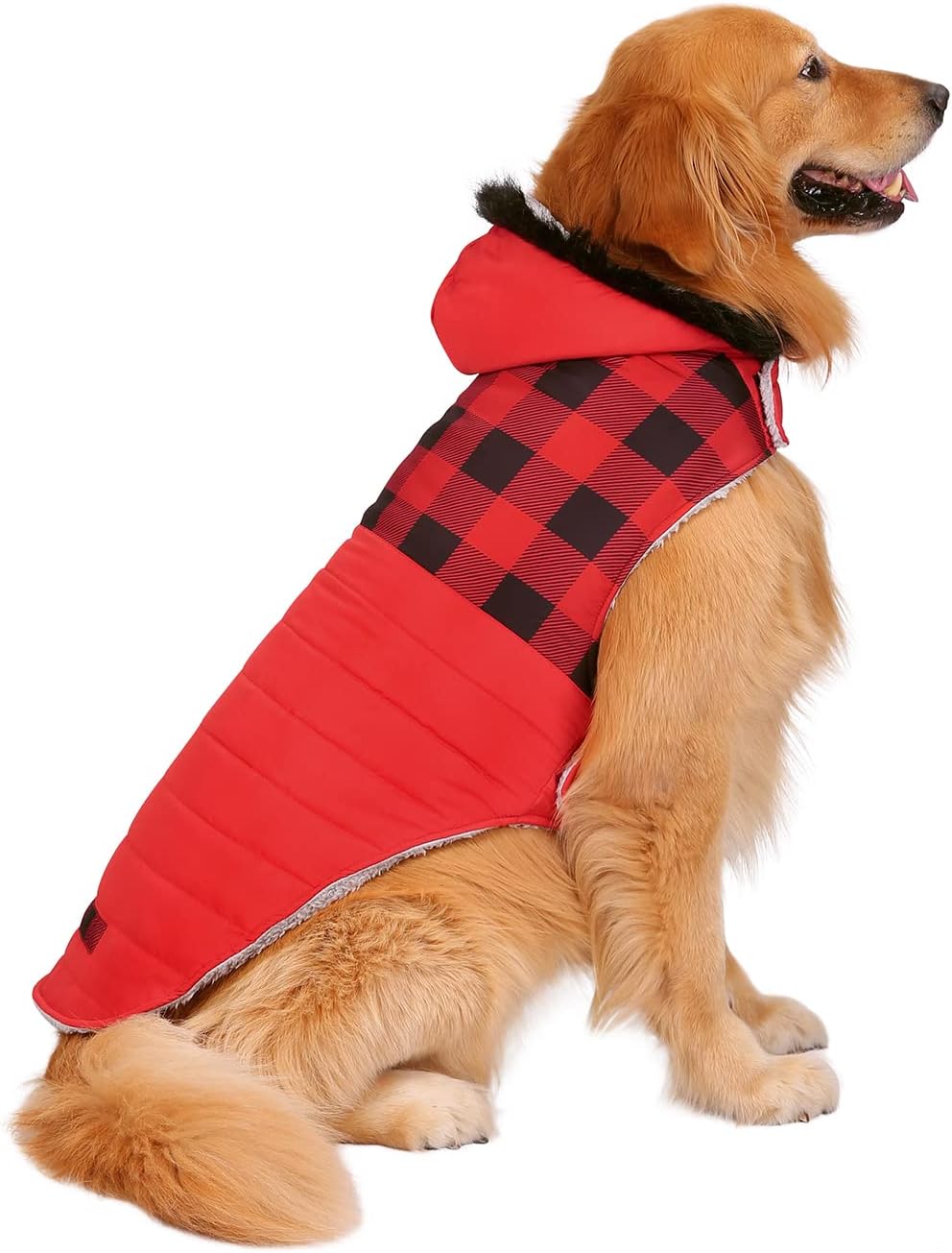 HDE Dog Puffer Jacket Fleece Lined Winter Coat & Harness Hole NVY - X-Large / Buffalo Plaid