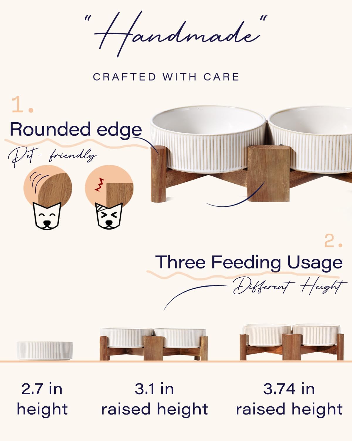 Ceramic Dog Bowls Set with Acacia Wood Stand - Small-1.8Cups / Vintage White - image 4
