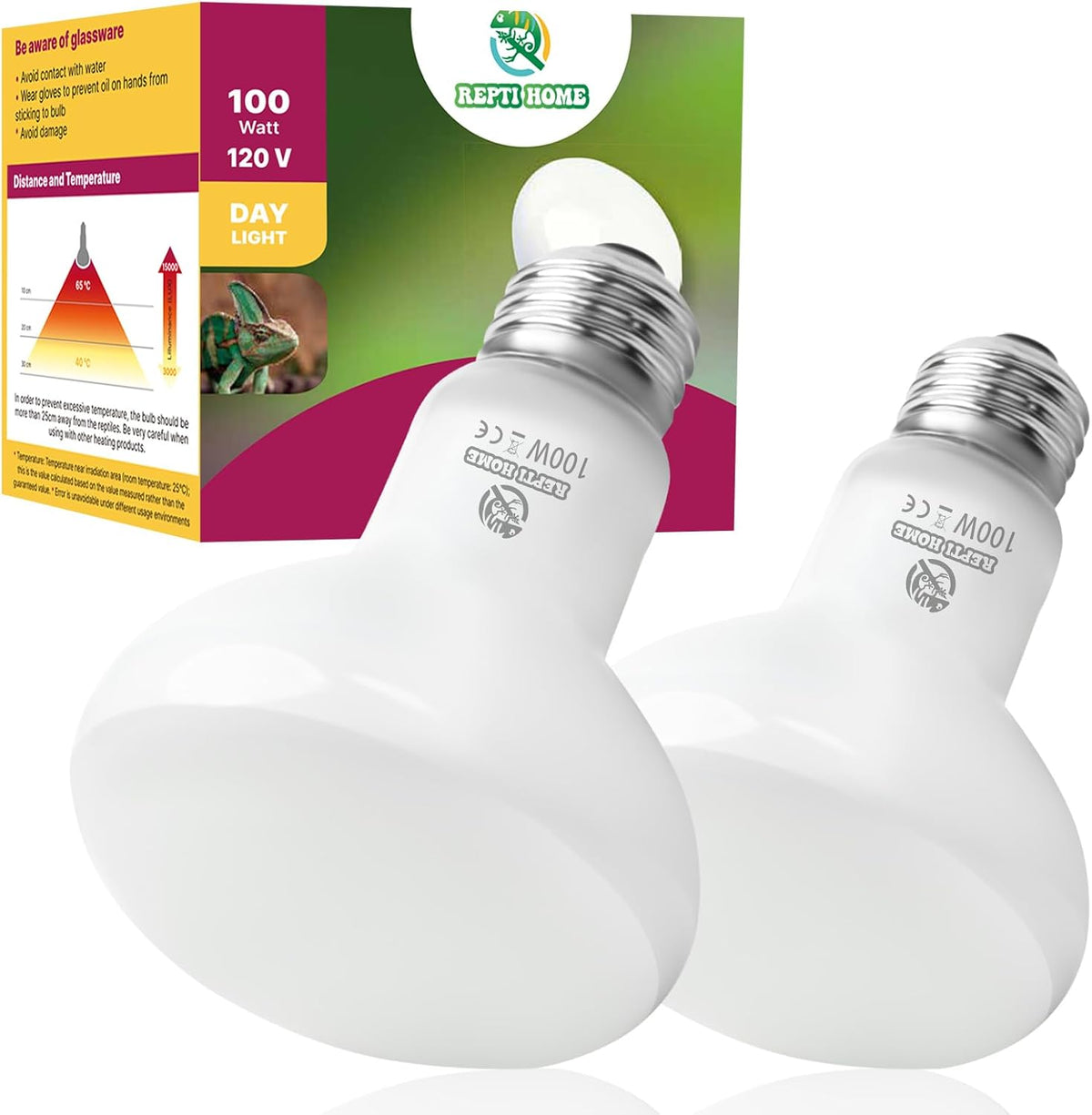 Reptile Heat Lamp Bulbs, Simulate Natural Sunlight Heat Light Bulb, 2 Pack 100W Amphibian Terrarium - Basking Bulb / 2*100