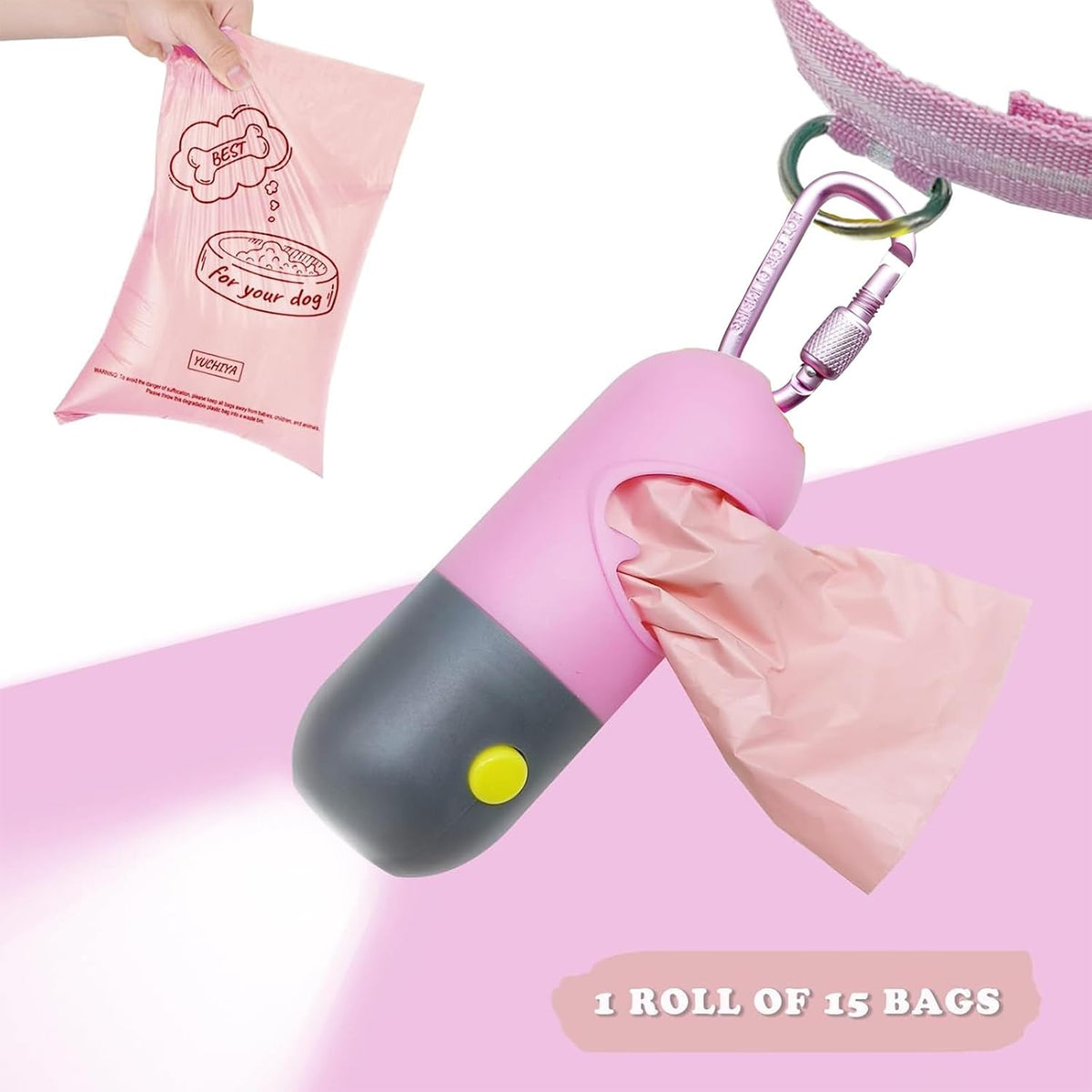 Dog Poop Bag Holder Dispenser with LED Flashlight – Essentials for Dogs - Pink - image 4