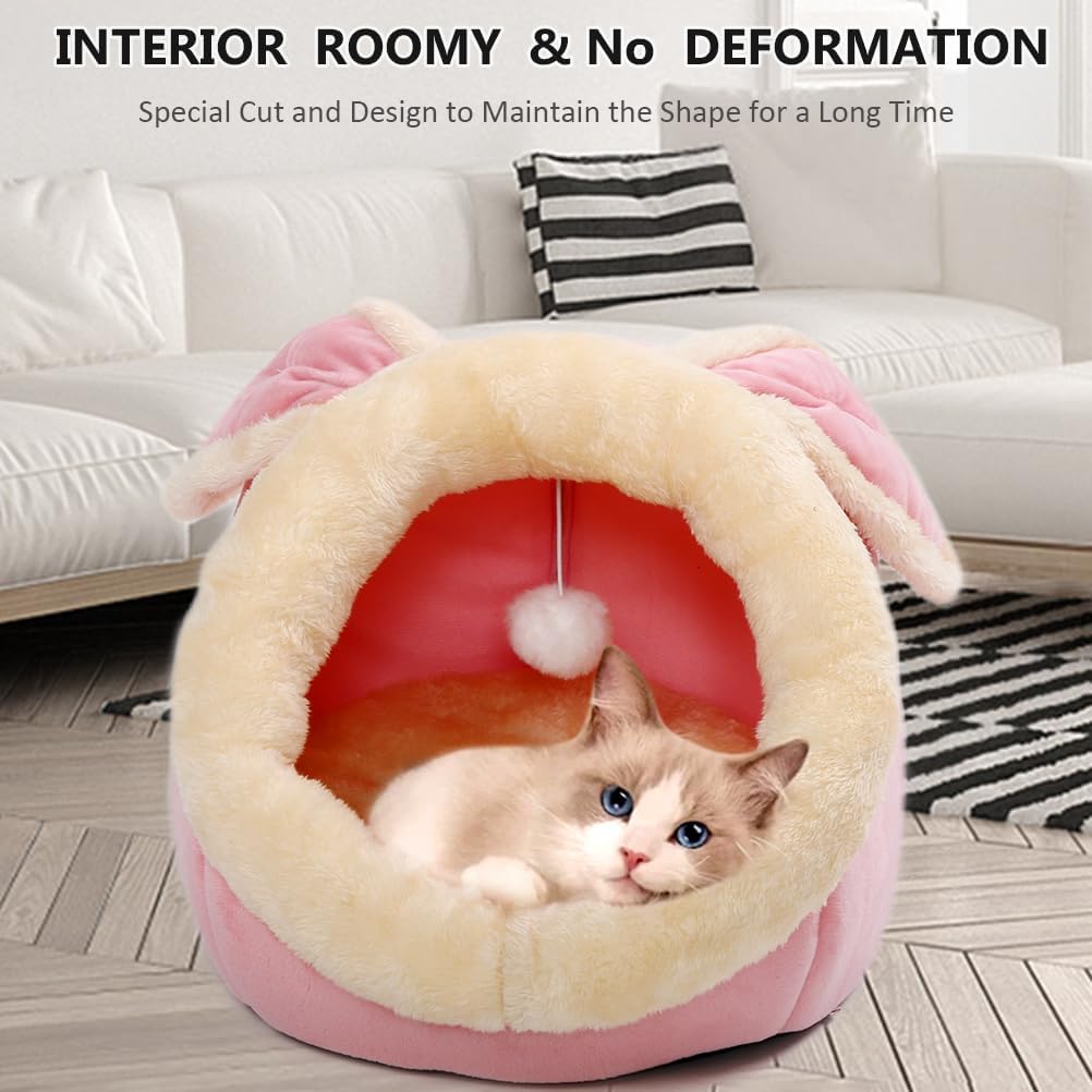 Cat Beds for Indoor Cats-Rabbit-Shaped Cat Cave Bed with Hanging Toy - Rabbite Pink / Rabbite / M - image 4