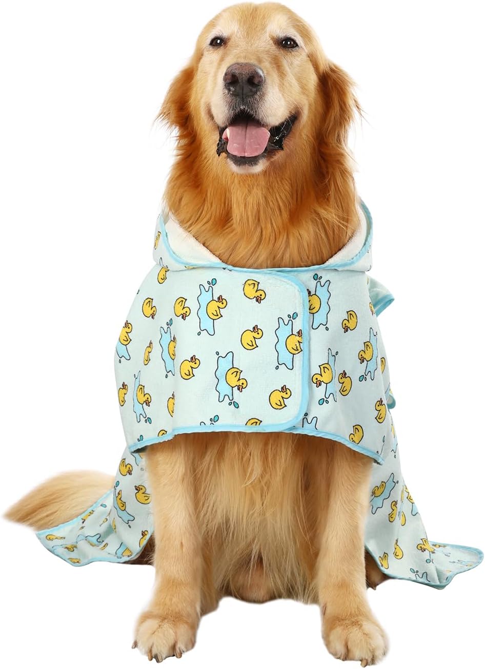 HDE Hooded Dog Bathrobe Quick Dry Towel Wrap for After Bath White - X-Large / Rubber Duck Puddles - image 4
