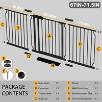 Fairy Baby Extra Wide Baby Gate Black 67-71.5 Inch Wide, Walk Through Pressure Mounted No Drill, Long and Large Tension Gate for Pet and Kids