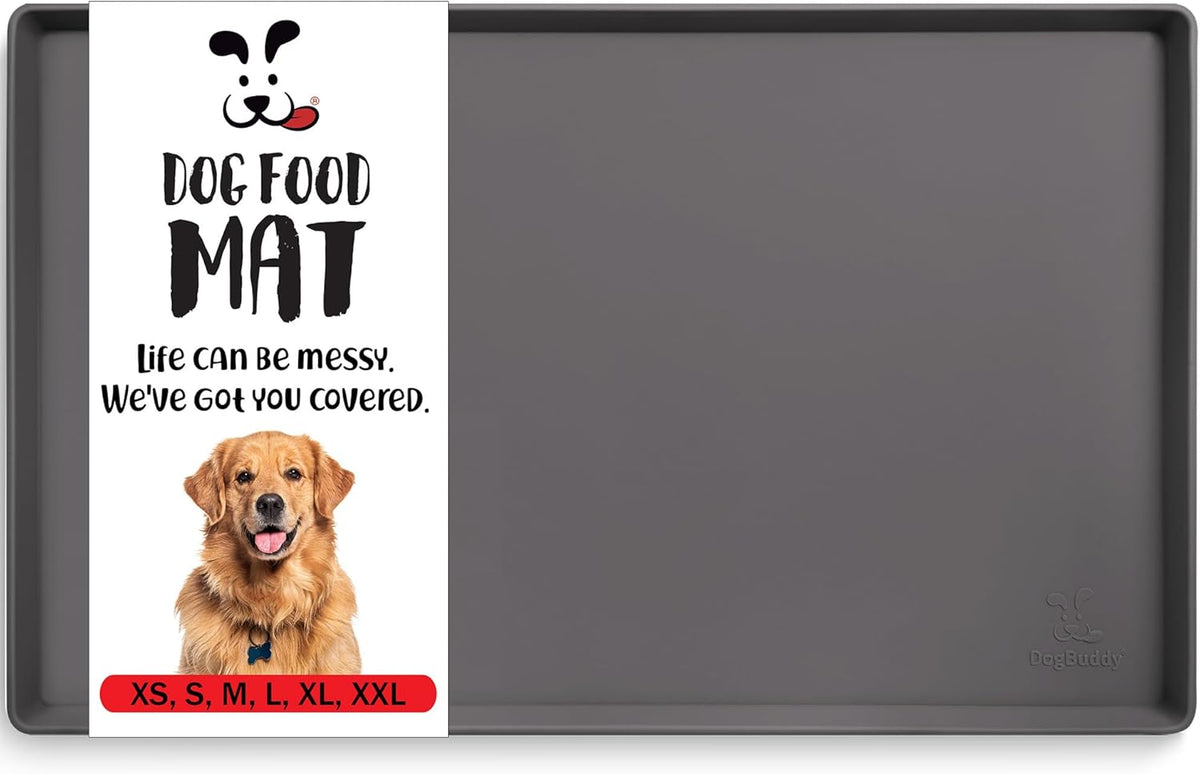 DogBuddy Dog Food Mat, Waterproof Silicone Pet Bowl Mats with Raised Edge – Essentials for Dogs - Large: 24" x 16" / Shadow