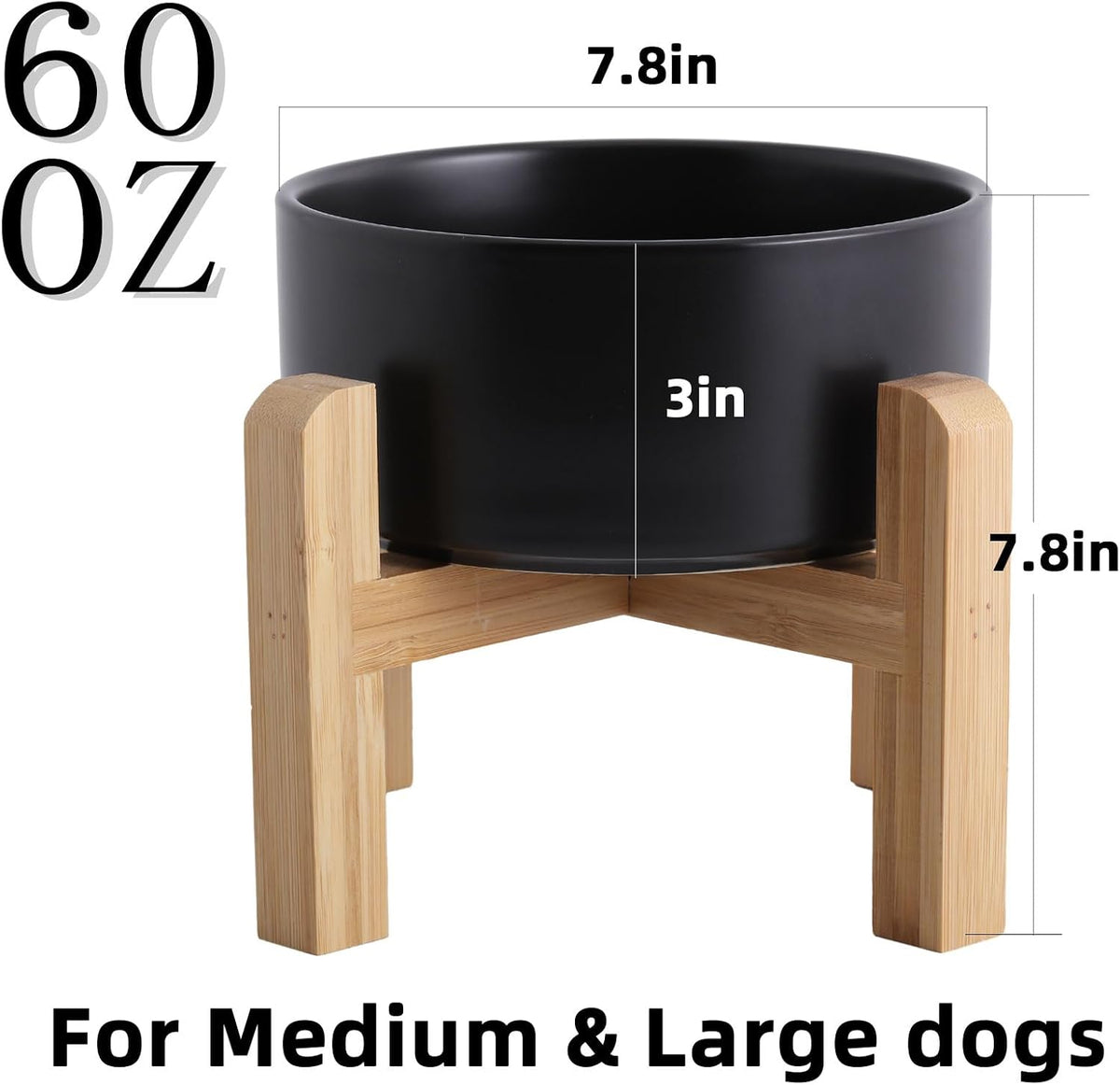 Elevated/Raised Ceramic Dog Bowl with Bamboo Stand，6 Inch 3.6 Cups - Black / Large - image 3
