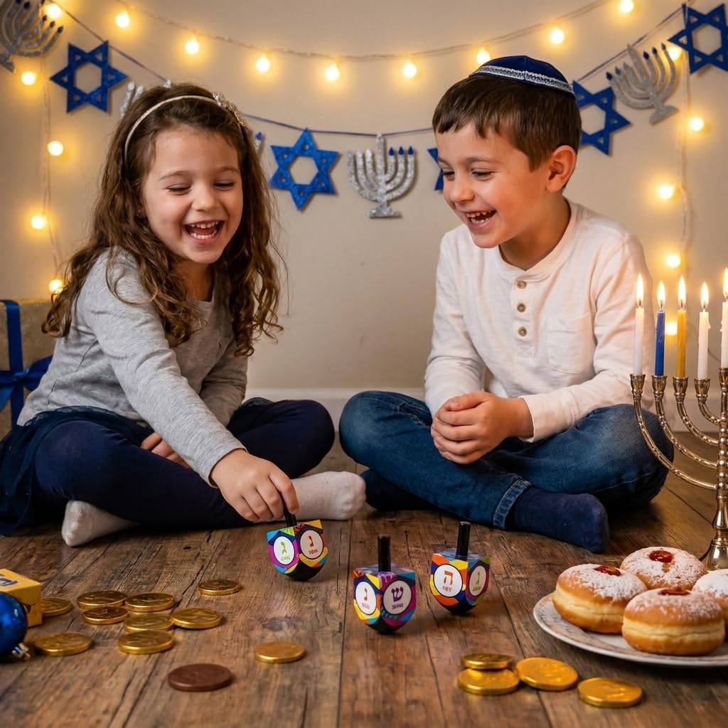 The Dreidel Company multi-colored hand painted wooden dreidels with Hebrew letters, 4-pack - view 8