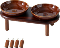 Elevated Cat Bowls, Ceramic Cat Bowl with Bamboo Stand Wide Opening – Essentials for Cats - Brown / Paw Set + Acacia Wood