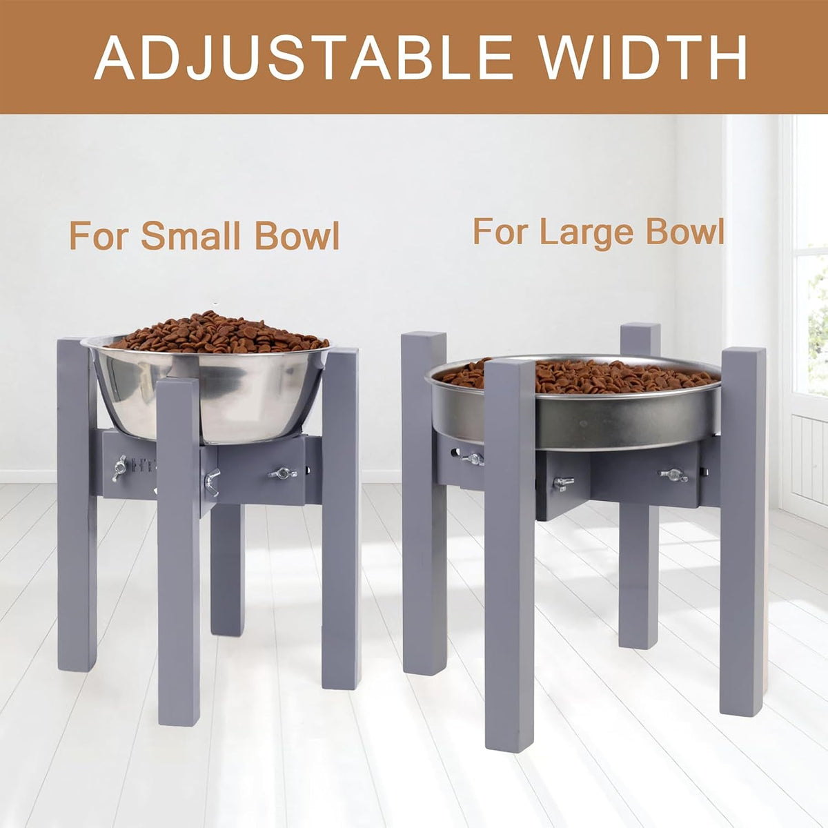 Adjustable Width Bamboo Elevated Dog Bowl Stand - Medium (10" High) / Black - image 8