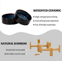 SPUNKYJUNKY 15° Slanted Ceramic Dog and Cat Bowl with Wooden Stand, Tilted Bulldog Food and Water Bowl No Slip Non-Spill for Cats Medium Dogs Big Face Pets 28.7 OZ (3.6 Cups, Starry Blue × 2)