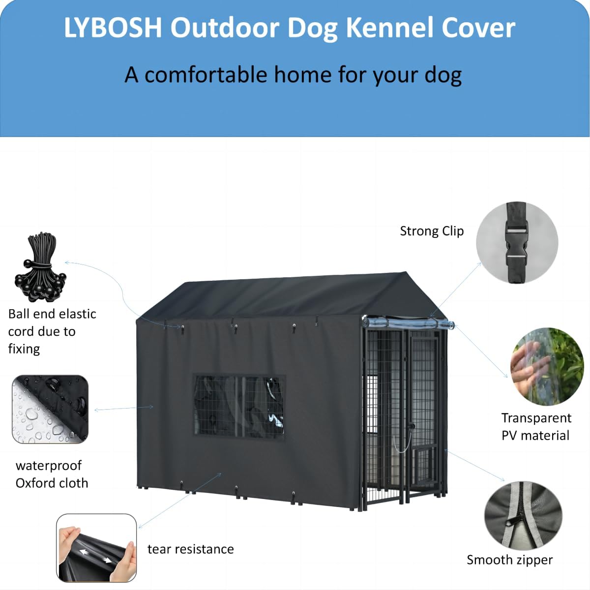 Outdoor Dog Kennel Cover, 8.1'Dx4.1'Wx6H, Full Coverage Black – Essentials for Dogs - Black / 8.1'D x 4.1'W x 6'H - image 3