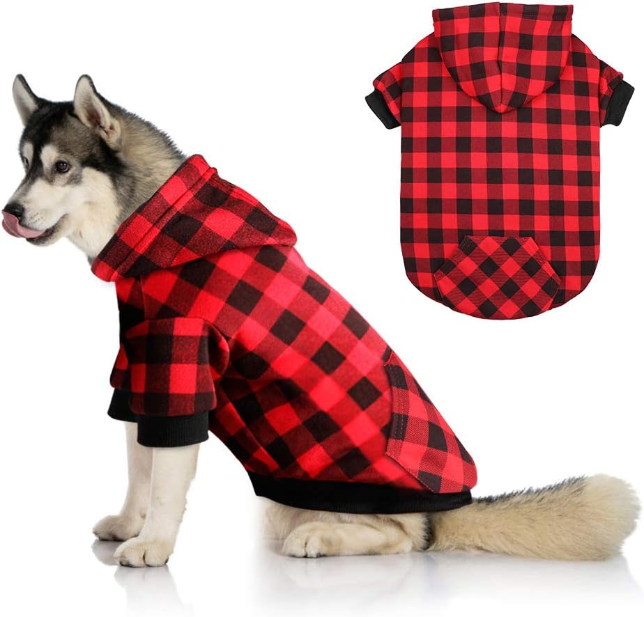 Red Plaid Dog Hoodie Sweater for Dogs Pet Clothes with Hat - L / Red Plaid