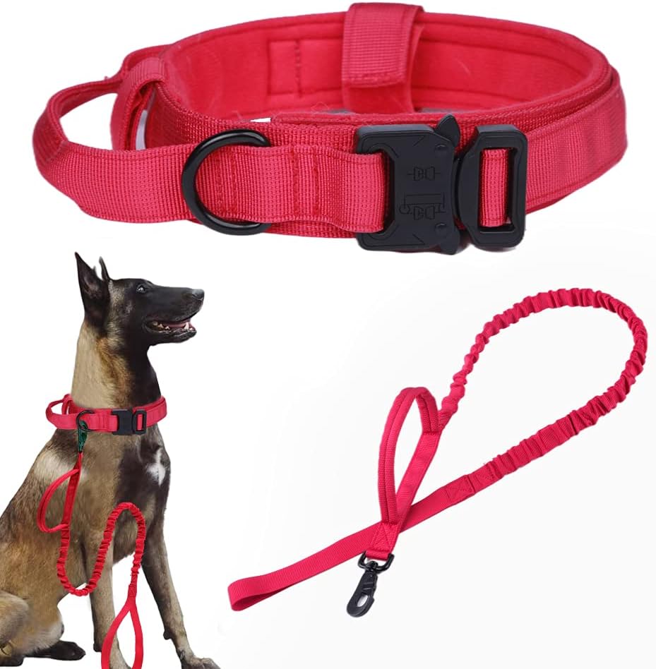 Tactical Dog Collar Adjustable Military Nylon Dog Collar with Control - Medium (Pack of 1) / Red SET(collar+leash)