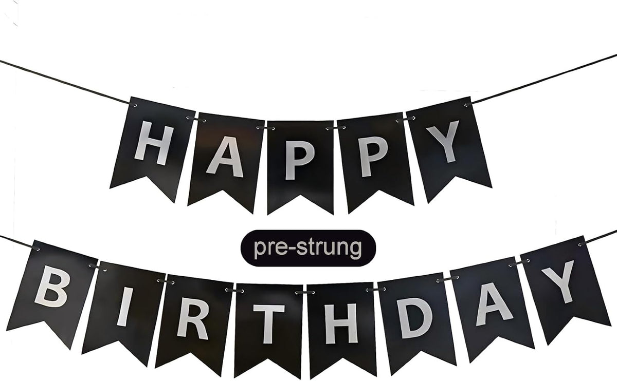 Happy Birthday Banner,Pre-Strung Black and Gold Party Decorations，16ft Pre-Strung Hanging Sign - black-silver