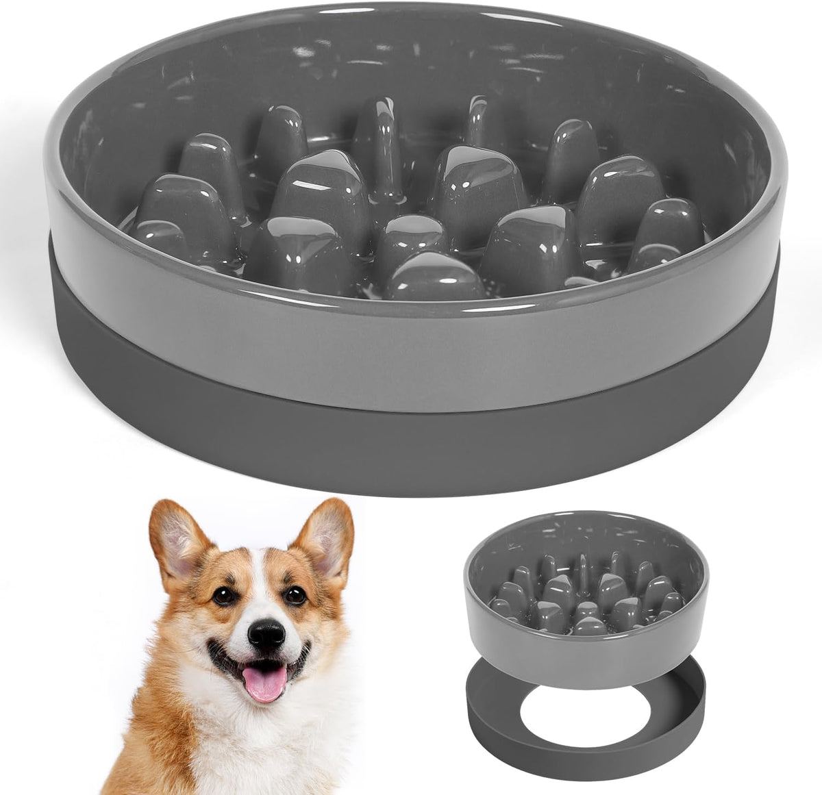 Sted Ceramic Slow Feeder Dog Bowls for Medium Large Breed – Essentials for Dogs - Medium-8 inches / Grey