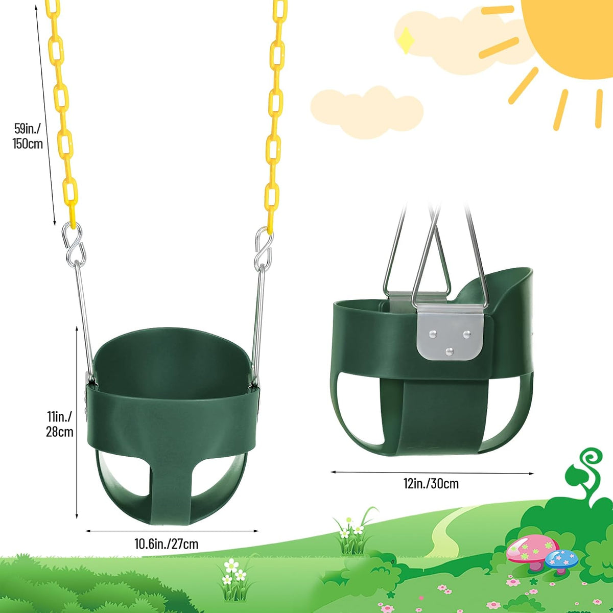 Domaker toddler swing seat with high back bucket and plastic coated chains in green - view 6