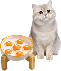 Ceramic Slow Feeder Cat Bowl, 6.3" Whisker Friendly Anti-Vomit - Orange + Stand