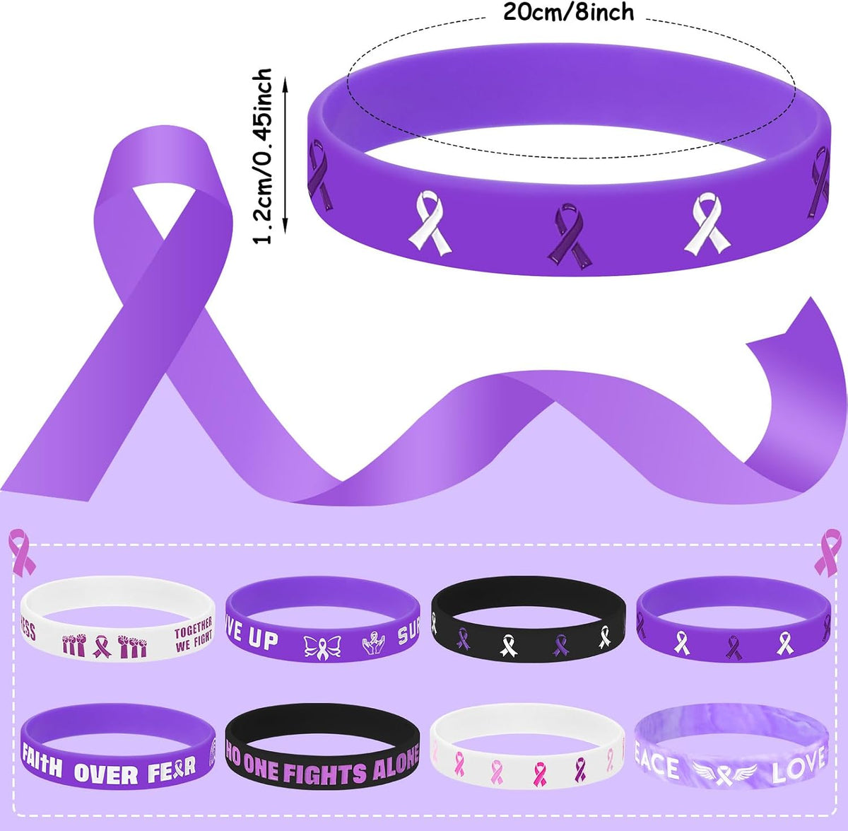 JUNEBRUSHS 64pcs Halloween Party Favors Silicone Bracelets Rubber - Purple Ribbon Awareness Style - image 2