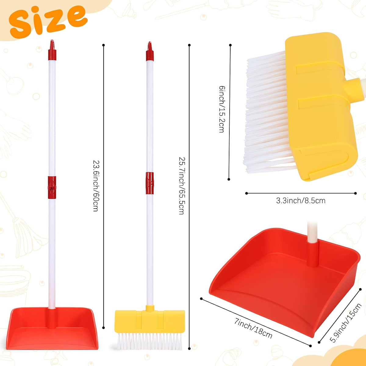 Kids Cleaning Toy Set Toddler Broom & Dustpan Pretend Play - 2pcs - Red and Yellow Set - image 3