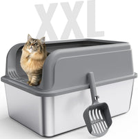 Powools Stainless Steel Cat Litter Box, High-Sided, M - XXL (1 Pack) / Grey