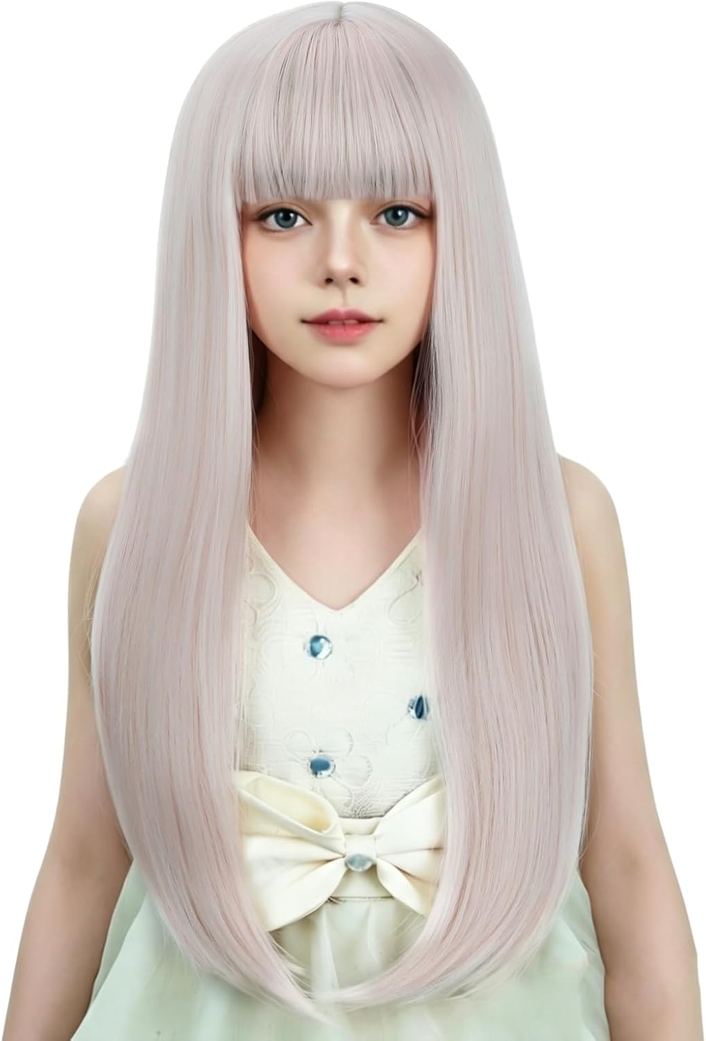 WAVELNM kids long straight black wig with hot pink highlights and bangs - view 3