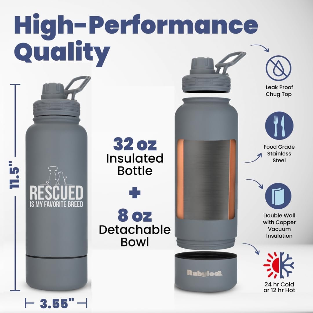 Rubyloo Dog Mom Water Bottle with Detachable Bowl for Dog Lovers – Essentials for Dogs - Rescued Favorite: Smoky Grey - image 4