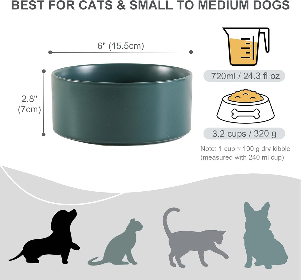 Ceramic Dog Bowl for Food and Water - Medium / Green (2 Pack) - image 2