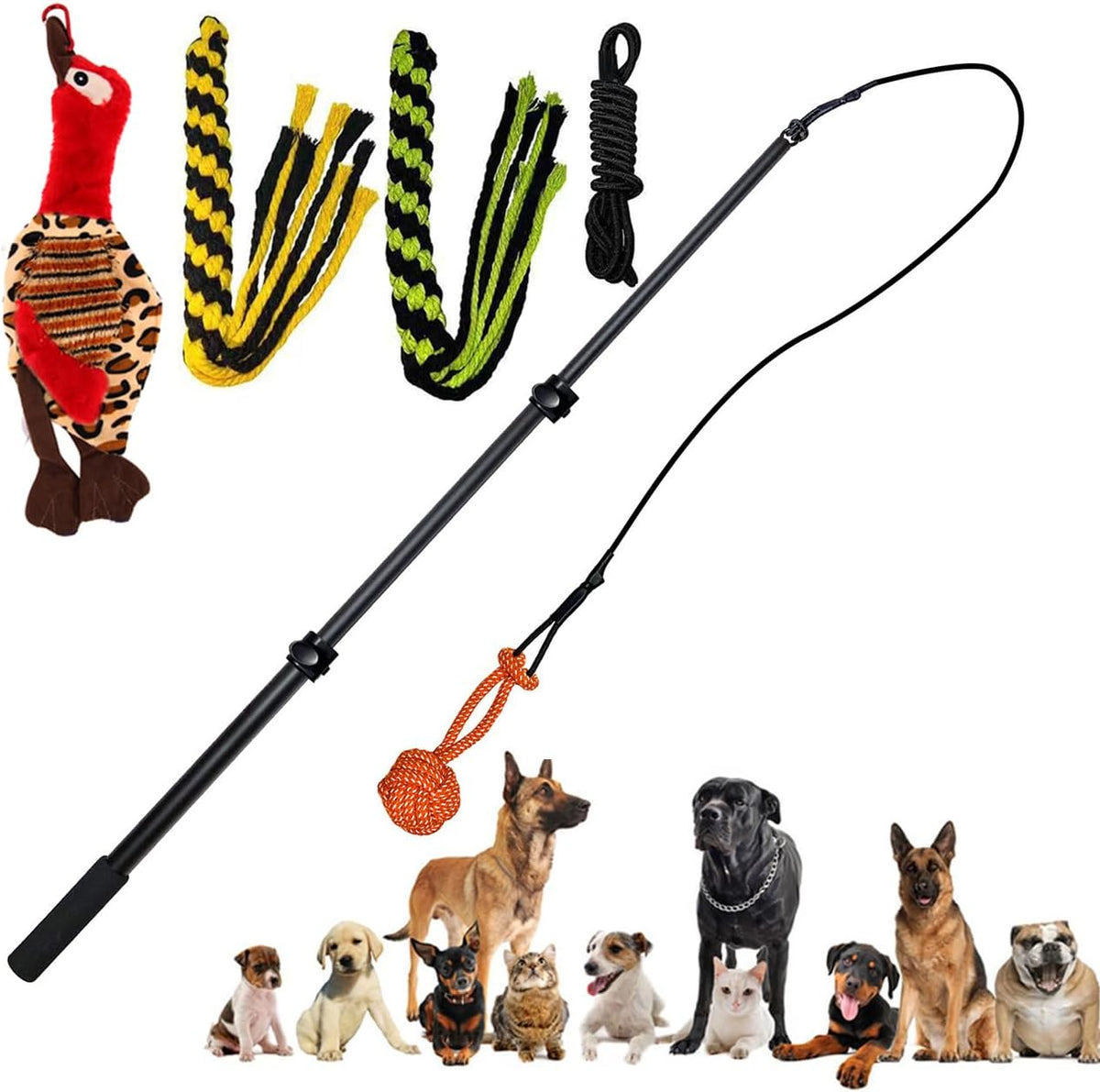Interactive Dog Toys - Extendable Flirt Pole with 2pcs Squeaky Plush Toy Tugs Red Green for Dog - Black-102