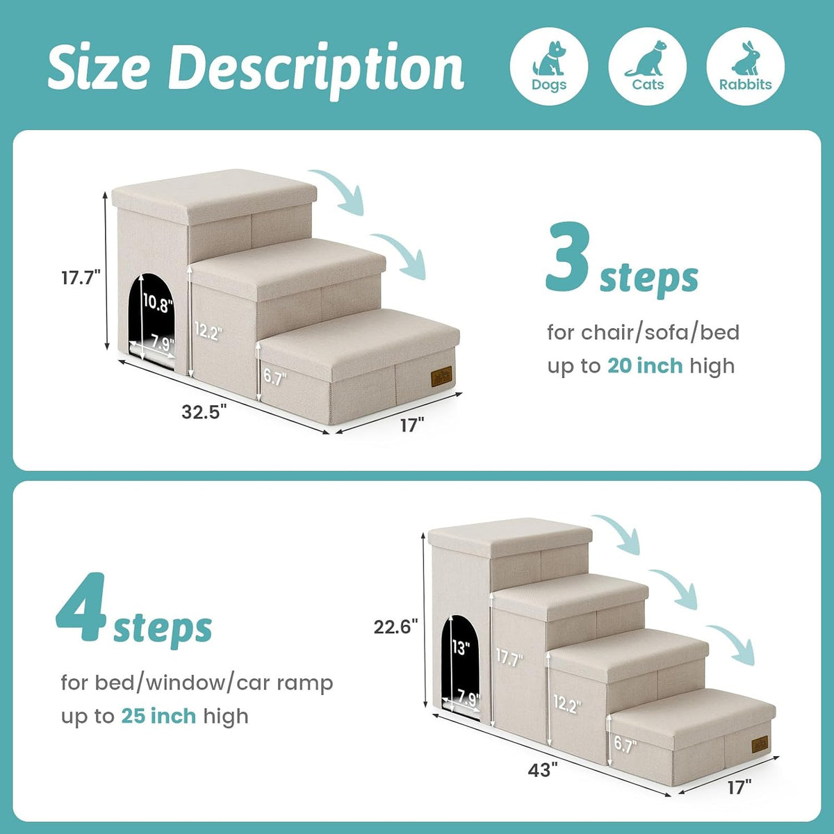 COZY KISS Dog Stairs with Storage, 16.7" H Wider Dog Steps - Beige / 4 / 43x17x22.6 inch - image 3