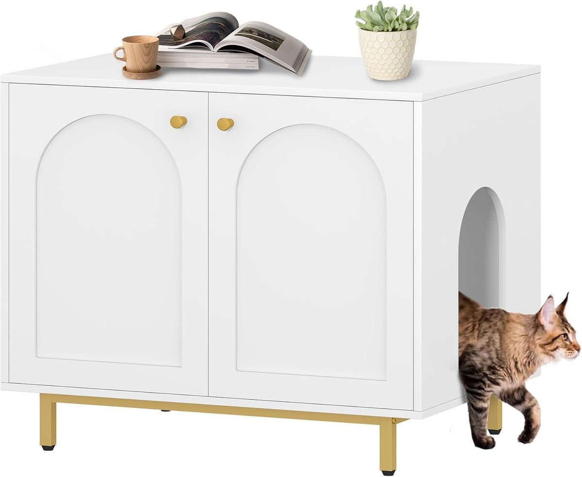Hzuaneri Cat Litter Box Enclosure, Hidden Litter Box Furniture - 31.5"L x 21.7"W x 27.6"H / White and Gold