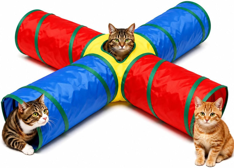 Cat Toys, 4-Way Tunnel for Indoor Cats with Peek Hole & 2 Mice