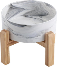 Black Elevated/Raised Dog Bowl Ceramic with Wood Stand for Medium - Marble Grey / 8 Inch