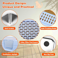 Vivifying Stainless Steel Litter Box with Lid, XL Side Entry Extra Large Litter Box for Big Cats & Kitty, Removable Enclosed Metal Cat Pan with High Sided Enclosure, Scoop, Mat, Footboard (Blue)
