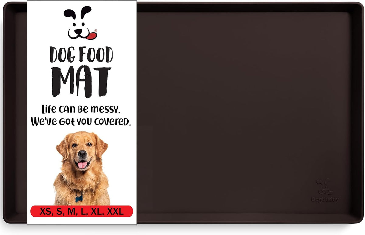 DogBuddy Dog Food Mat, Waterproof Silicone Pet Bowl Mats with Raised Edge – Essentials for Dogs - 28"L x 18"W / Coffee