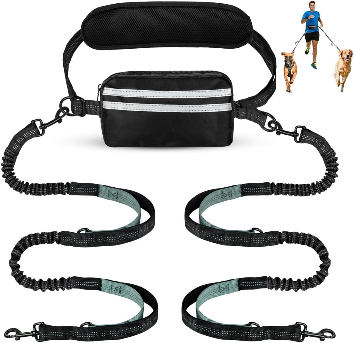 Hands Free Dog Leash for Two Dogs Walking, Running – Essentials for Dogs - Grey-Green / Large