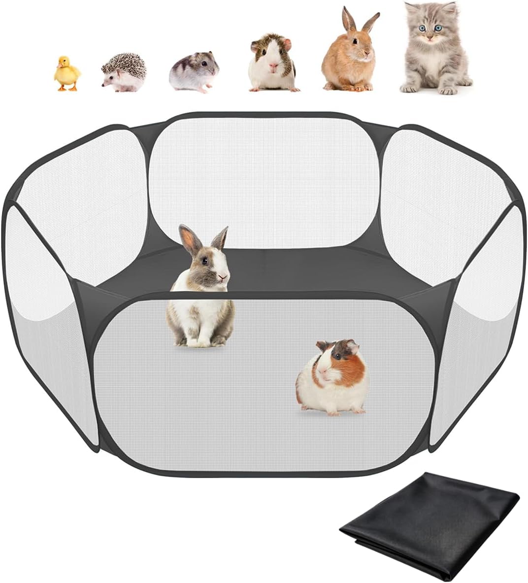 Small Animal Playpen, Pop-Up Portable Play Yard for Guinea Pigs - BLACK with Pad