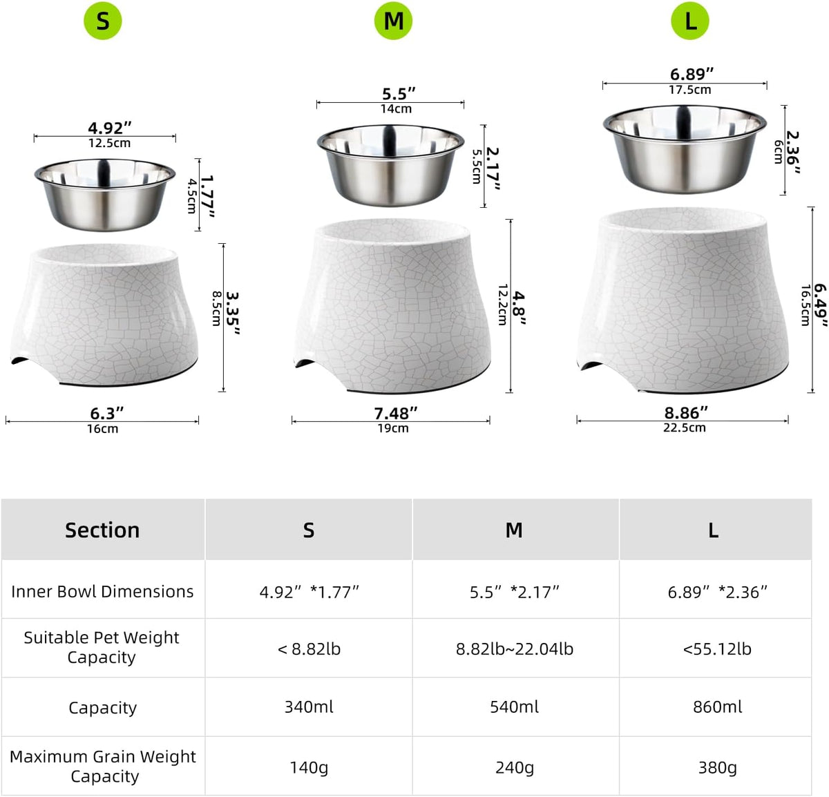 Elevated Dog Bowls with Stainless Steel Bowl - White-Crackle / L/3 Cups - image 3
