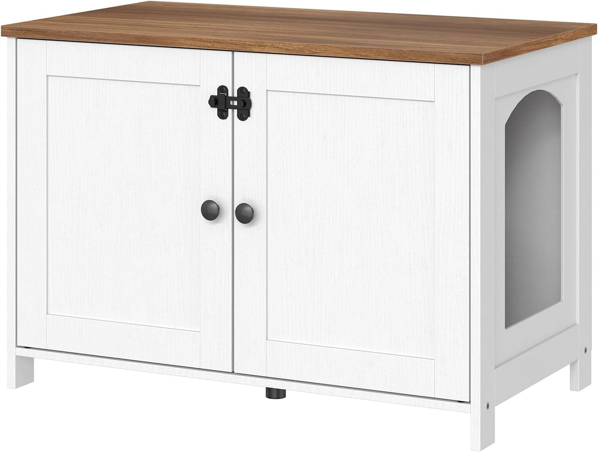 HOOBRO Litter Box Enclosure - White + Walnut / 31" L x 17.5" W x 19.7" H