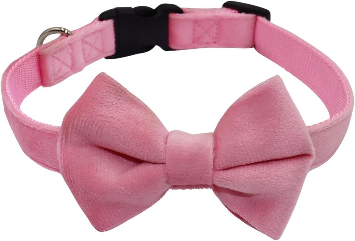 Dog Collar with Bowtie Soft Velvet Material with Quick Release Buckle - M / Pink