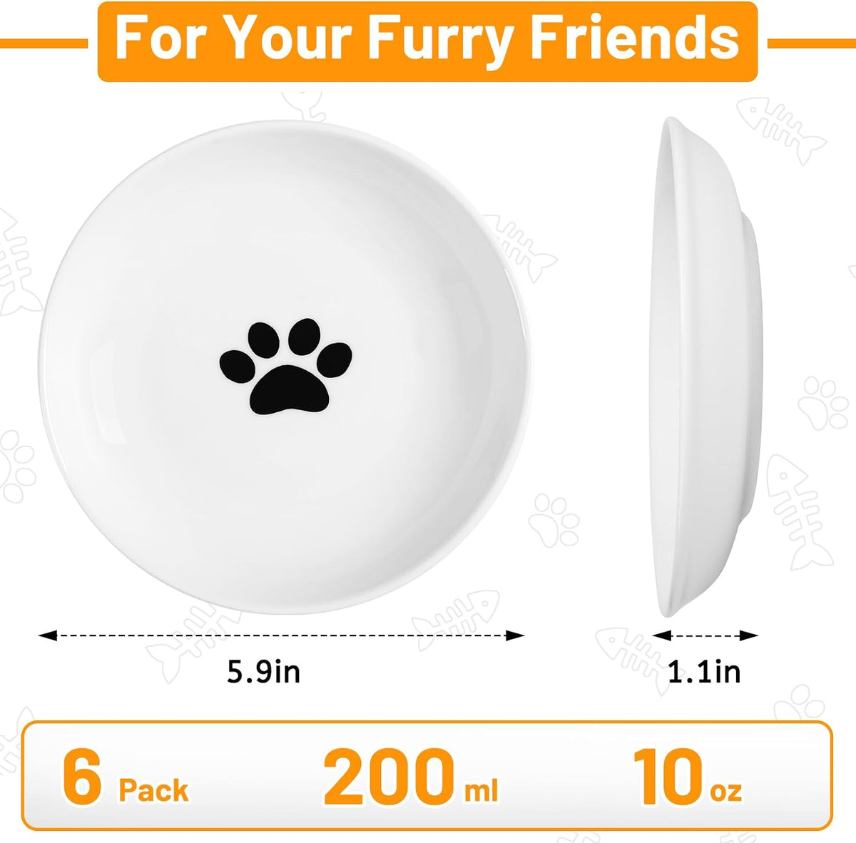 Ceramic Cat Bowls, Raised, Whisker Friendly - basic dish，6 pack / fishbone+cat paw - image 4