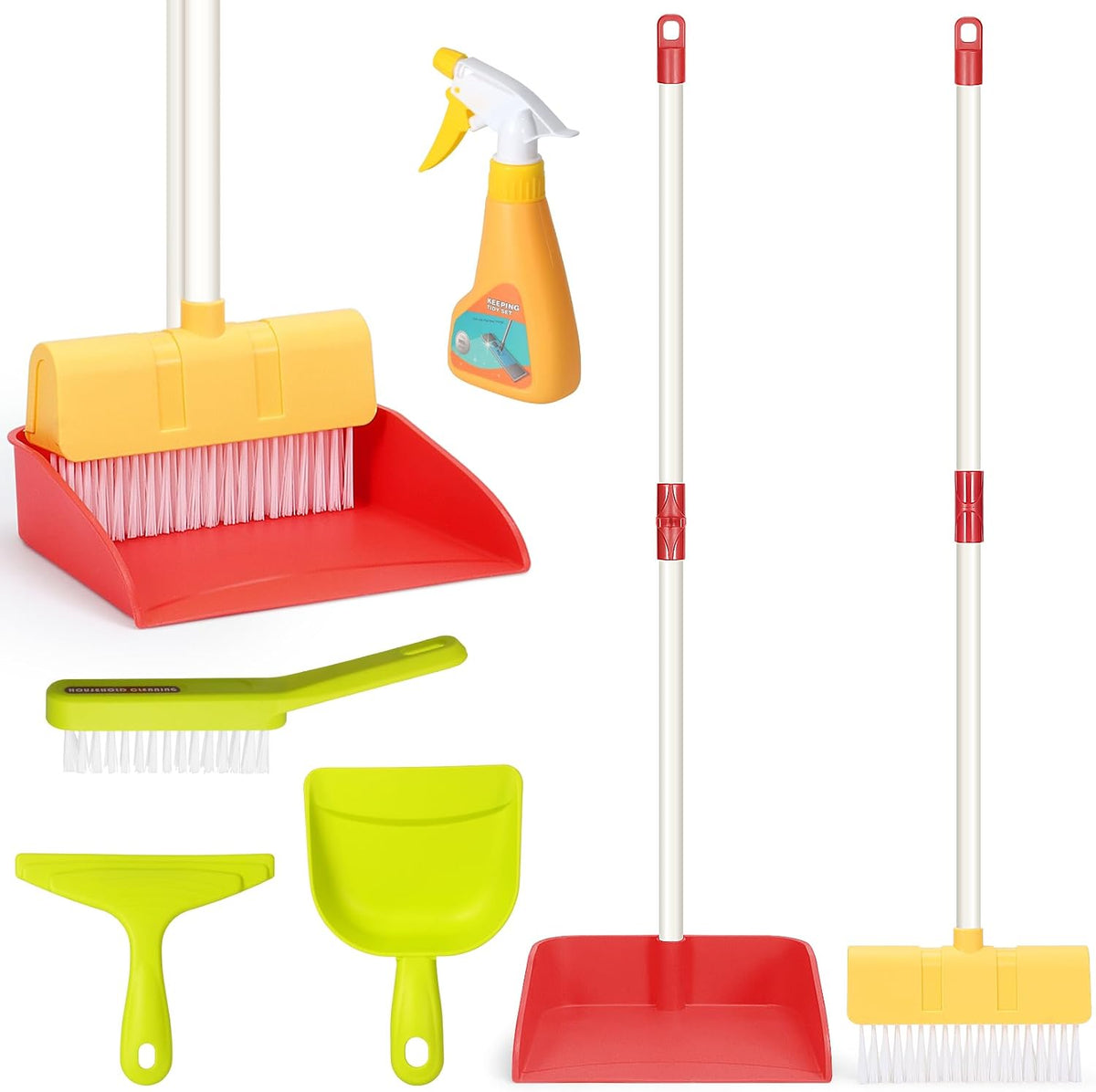 Kids Cleaning Toy Set Toddler Broom & Dustpan Pretend Play - 6pcs - Red Set