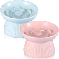 Layhit 2 Pack Raised Slow Feeder Cat Bowls Ceramic Elevated Cat Food - Blue, Pink