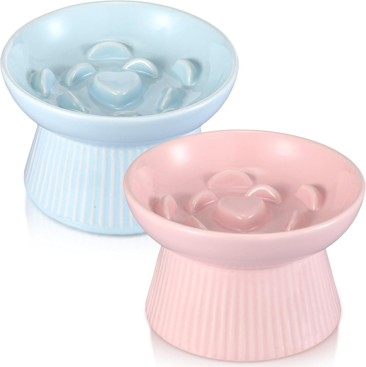 Layhit 2 Pack Raised Slow Feeder Cat Bowls Ceramic Elevated Cat Food - Blue, Pink