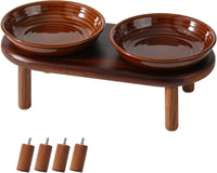Elevated Cat Bowls, Ceramic Cat Bowl with Bamboo Stand Wide Opening – Essentials for Cats - Brown / Stripe Set + Acacia Wood
