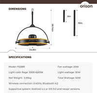 Orison 24.8'' Waterproof Outdoor Ceiling Fan, 6 Speed Ceiling Mounted Plug-In Cord Garage Fan with Remote&APP, 360-degree Manual Vertical Rotation, Hook hanging for Gazebo, Patio, Pergola (Yellow)