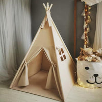 RongFa white canvas teepee tent for kids with wooden poles, flap door and mesh window