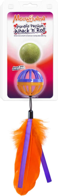 Meowijuana Whack 'n' Roll Compressed Catnip Ball with Cage | Purple Passion | Interactive Cat Toy with Feather | Potent Hand Harvested Catnip Grown in North America