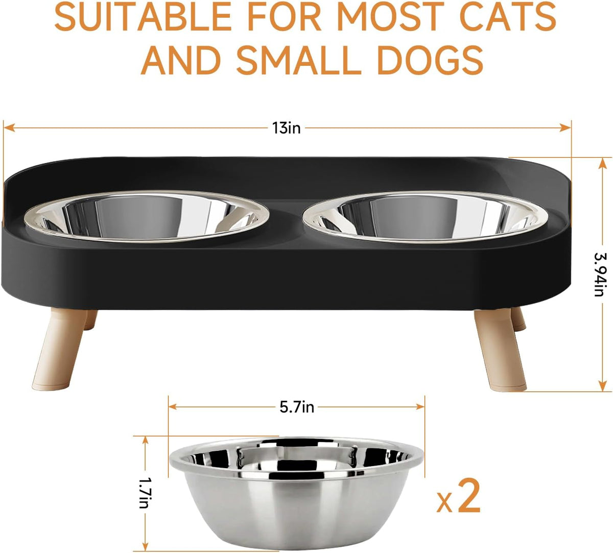 Elevated Cat Bowl, Raised Cat Food and Water Bowl Set for Indoor Cats, Splash Proof with 2 - Cat Bowls-Black - image 4