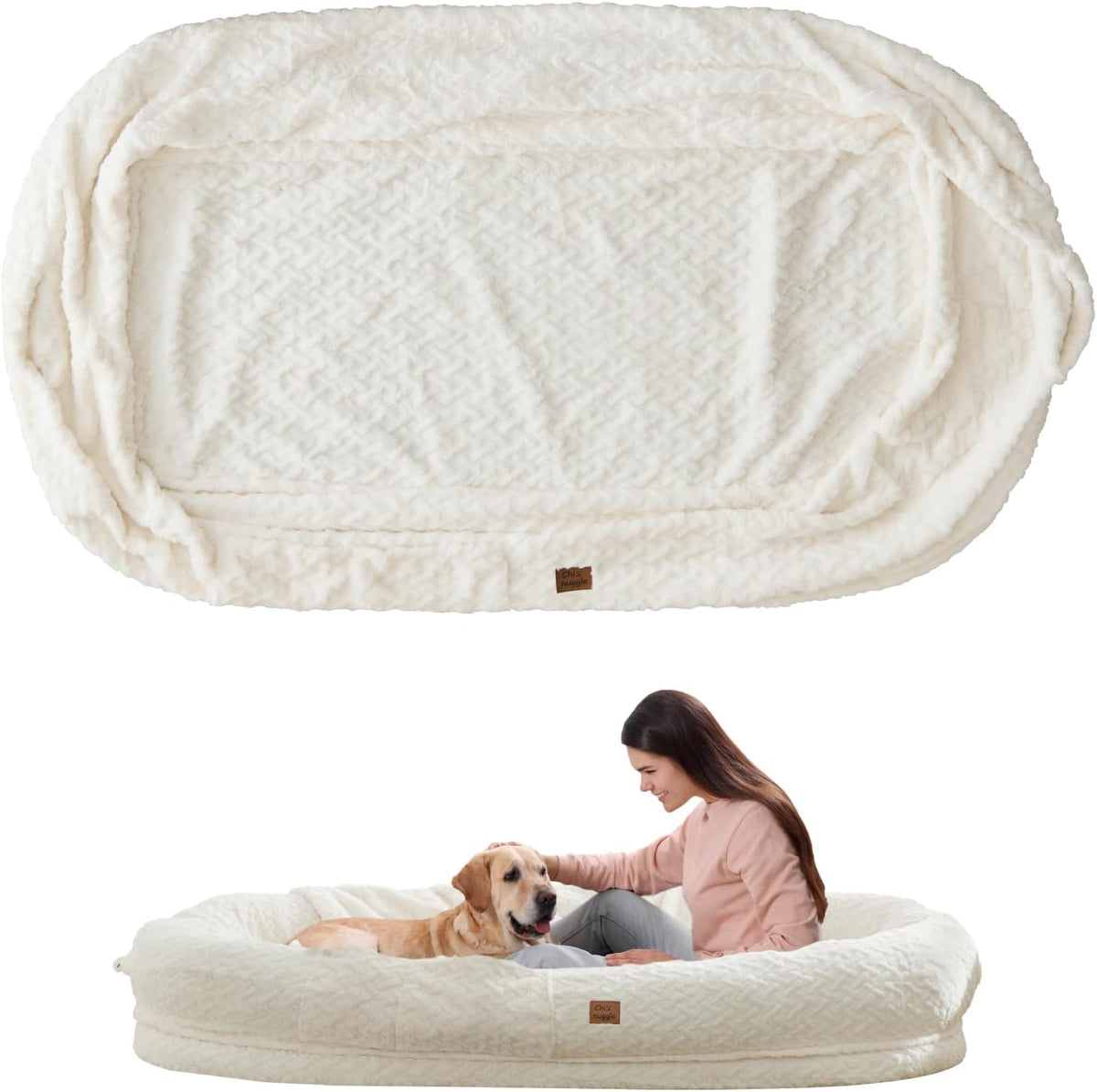Orthopedic Human Dog Bed, with Faux Fur Washable Cover, Blanket - White / Cover (72x40x10)